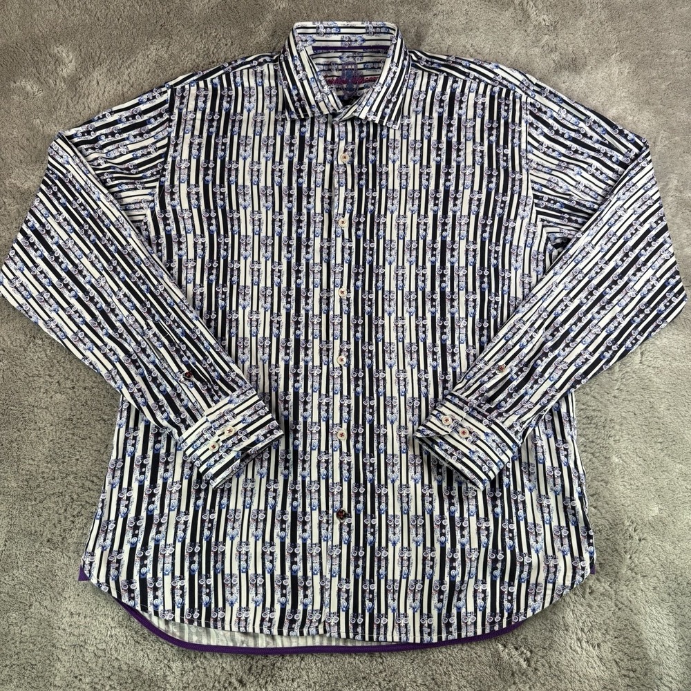 Luciano Visconti Shirt Men's XL Striped Floral Button Down Cotton Blend Stretch